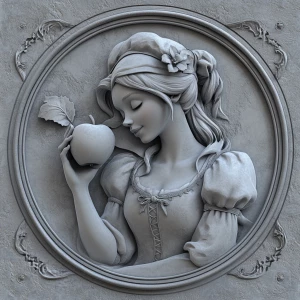 Evil Snow white holding an Apple, grayscale 3d bas relief, round...