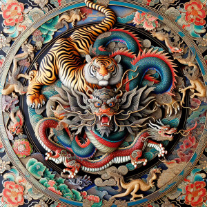 Орнамент в японском стиле с тигром и драконом в середине что и Д...