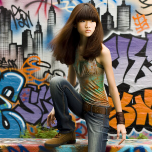 teenage girl, long brown hair and bangs, wearing tight skinny je...