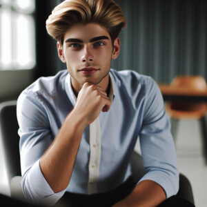 Young man 
Blond hair 
Sitting on chair
giving consultation for...