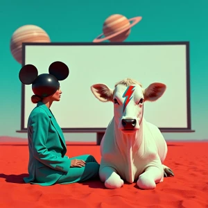 Surreal pop-art scene on vivid red desert under a turquoise sky,...