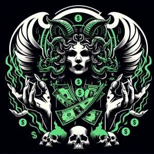 Medusa style face and head create an illustration of a commandin...