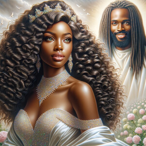 Create a 3-D realistic oil, painting of a beautiful African-American bride. She has long flooring, wavy hair and her gown has beautiful jewels around the neckline. in the background there is a beautiful African-American Jesus Christ with long dreadlocks, and he is smiling. He is very handsome pastel flowers throughout the image.