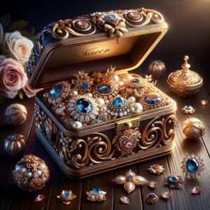 Create an image of an ornate jewelry box richly detailed with golden swirls and floral motifs, with no items on the top. Inside the box lies a collection of exquisite jewelry, each piece featuring vibrant blue gemstones set amongst pearls and golden accents. This treasure is placed on a dark wooden surface, subtly reflecting the luster of the gems. Around the box, there are loose gemstones, a golden flower, and soft pink roses in the blurred background, contributing to the elegant ambiance. The name 'Karen' is elegantly inscribed above the jewelry box, adding a personalized touch to the scene.