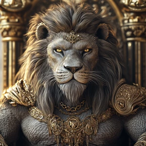 Create a photorealistic 3D image of a majestic man-lion hybrid, featuring an expansive mane and exceptionally well-defined, oversized muscles. Adorn this regal creature with intricate jewelry and gold embellishments, and depict it seated on a throne. Aim for 8K UHD resolution, extreme professional detail, and a composition that is both visually stunning and captivating.