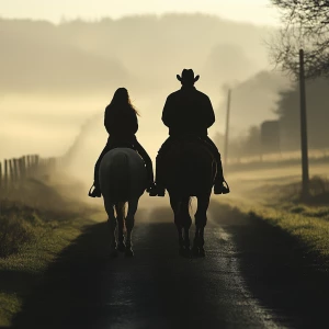 Silhouette of a father and teenage daughter from behind, riding...