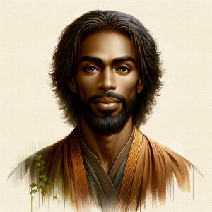 Create an image of a serene African American man with medium-len...