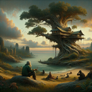 A gray-haired man sits on the grass near the sea and tells his s...