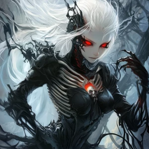 witch, cyber, fantasy , anime, red eyes, and have bones in costu...