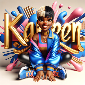 3D writing name "KAREN" bold glossy gold. There is a beautiful African-American latino woman, smiling with a black and blonde pixie cut hairdo,blue and gold trendy jacket and outfits in blue, pink, and gold tones, sport shoes, sitting under the name. Her outfits are glossy. dynamic color explosion background, of pink, blue, gold colors, splashed on white wall