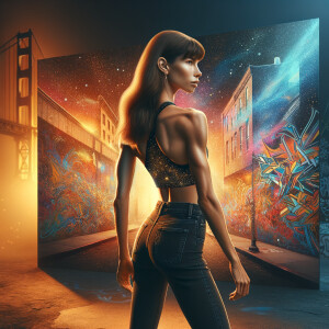 Athletic Thin skinny Attractive, Asian teenage girl, long brown hair and bangs, wearing tight skinny jeans and a halter top paint marks on her clothing, heroic pose Asian graffiti background, backside view