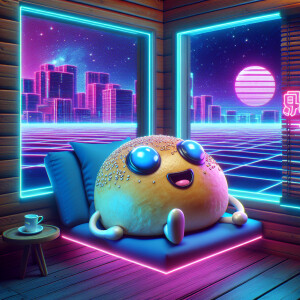 A round bun with eyes and mouth lies on the windowsill of the hu...