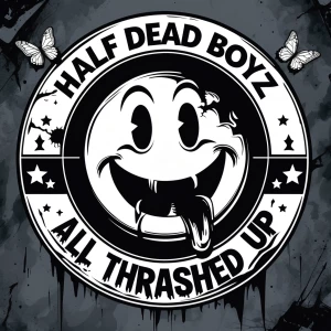 Create a logo for a  brand named "Half Dead Boyz" that features...