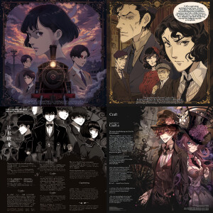 Create a 20's psychological horror anime series with black chara...