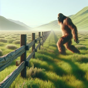 A huge green field with a long fence showing a humanoid looking hair covered sasquatch gingerly walking right over the fence