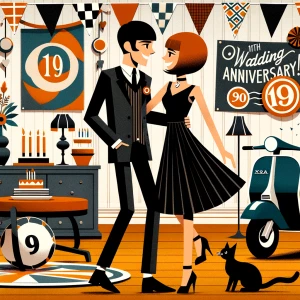 ‘Happy 19th Anniversary!’ Written
A 60s mod vibe with a tan male...