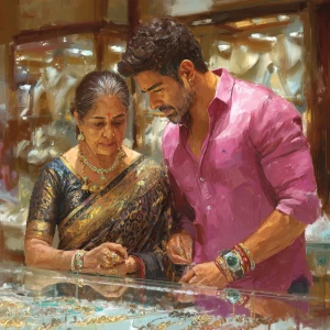 digital painting.a  mature gujarati mother in law in her 50s wea...