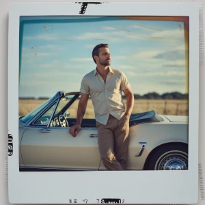 A candid Polaroid of a man standing in front of a vintage conver...