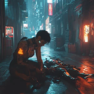 A gritty cyberpunk medic with glowing neon tattoos, crouched in...