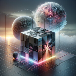 /imagine prompt:A dynamic 3D rendering of a cube, sphere, and cylinder, each evolving from monochrome to vivid hues, against a minimalist, surreal backdrop with an ethereal sky. The cube is adorned with geometric patterns, the sphere glows with neon lights, and the cylinder is enveloped in a misty fog. Created Using: abstract surrealism, minimalist framework, color transformation, glibatree prompt, intricate patterns, neon effects, atmospheric mood --ar 1:1