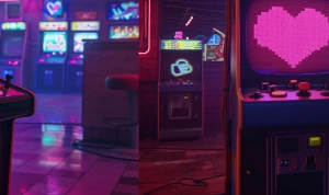 /imagine prompt: cinematic scene inside a neon-lit 1980s arcade,...