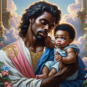Classical oil painting style depicting an African-American Jesus...