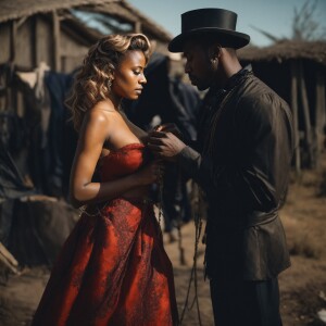 Beautiful wench in torn dress fixing to serve her black male  lo...