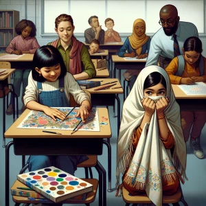 Design a classroom scene: two girls seated at the front , hurrie...