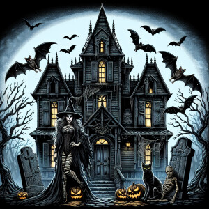 An eerie scene with a haunted house with a pretty witch standing...
