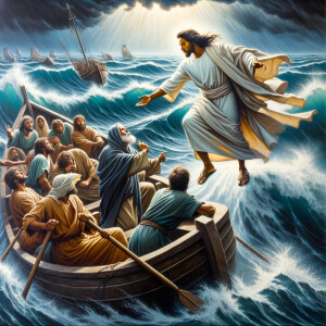 African-American Jesus telling Peter to come walk on the water,...