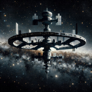 Giant space station realism black background , starry space with...