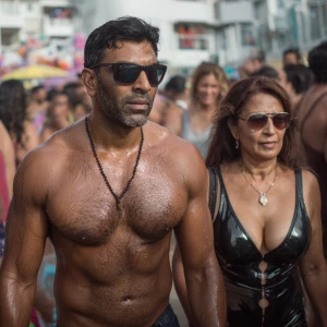 a muscular beefy indian man walking ,with his sweaty indian 54 y...