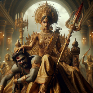 portrait of angry looking goddess durga sitting on a gold crown...