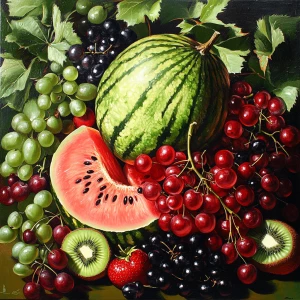 Create an image featuring vibrant melons, vivid kiwis, lush red...