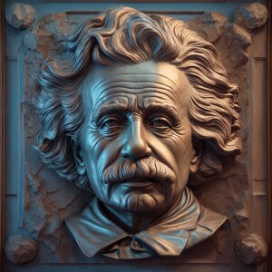 Head portrait of Einstein, 3d bas relief, tound border