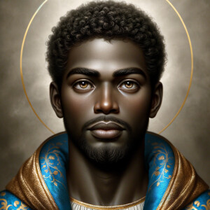 Create a beautiful African-American Jesus Christ with Hazel, brown eyes and blue and gold robe