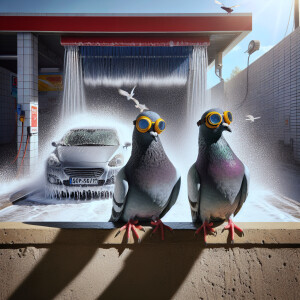 A whimsical scene of two pigeons with flight goggles sitting on...