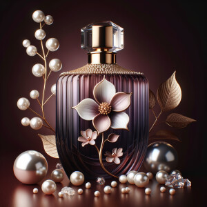 Create an image of a sophisticated perfume bottle that is designed to resemble the silhouette of a woman's figure. The glass of the bottle should be a deep, dark purple, evoking a sense of mystery and luxury. Adorning this unique bottle, there should be a pattern of a single, intricate white and soft pink flower, with a string of pearls that gracefully follows the curves of the bottle's form. The neck of the bottle, slim and elegant, is encircled by a band of gold inlaid with tiny sparkling diamonds, leading up to a large, lustrous pearl that serves as the bottle's cap. Include additional details such as scattered pearls, a petal, and a golden twig with a single pearl on the maroon surface around the bottle, all of which reinforce the sophisticated and luxurious theme. The perfume bottle is a signature piece for a person named Karen, reflecting her refined and elegant taste.