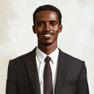An Ethiopian man, aged 25, with dark skin, a tall and slim build...