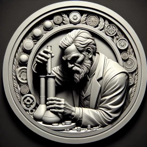 Design a high-contrast grayscale 3d bas relief of a mad scientis...