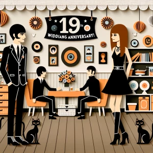 ‘Happy 19th Anniversary!’ Written
A 60s mod vibe with a tan male...