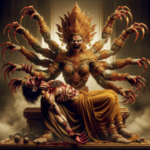 portrait of angry looking, muscular, four-armed indian goddess...