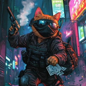 A wide-eyed ginger cat wearing a black tactical balaclava (or ma...