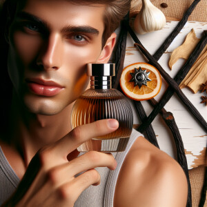 Young man holding up-close of his face a bottle of perfume. His...