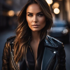 A stylish woman in a leather jacket, her face illuminated by a single, strong light source from the side, casting bold shadows