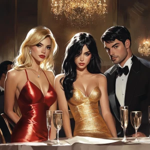 Two glamorous women seated at an elegant gala, wearing halter to...