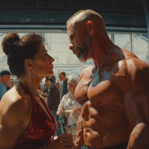 Photo Hyperrealism, painting,a muscular sweaty beefy man standin...