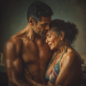 Hyperrealism photo painting.a muscular sweaty indian man stand...