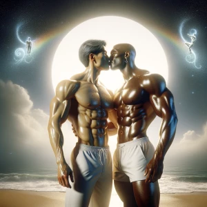 Two muscular bodybuilders, shirtless, wearing white swim trunks,...