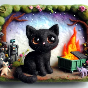 Felted black cat with large eyes. Cute with felted background of...